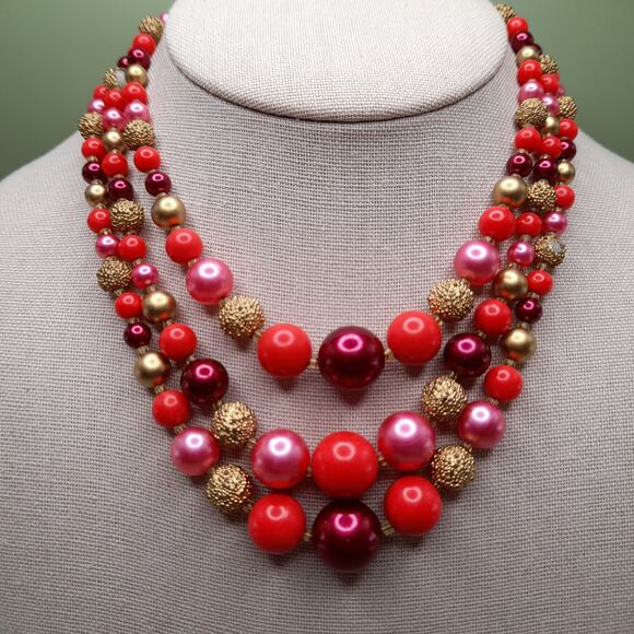 Vintage 1950s Red Pink Gold Beaded Necklace, Three Strands, Gold Tone, 15 Inch - Picture 1 of 11